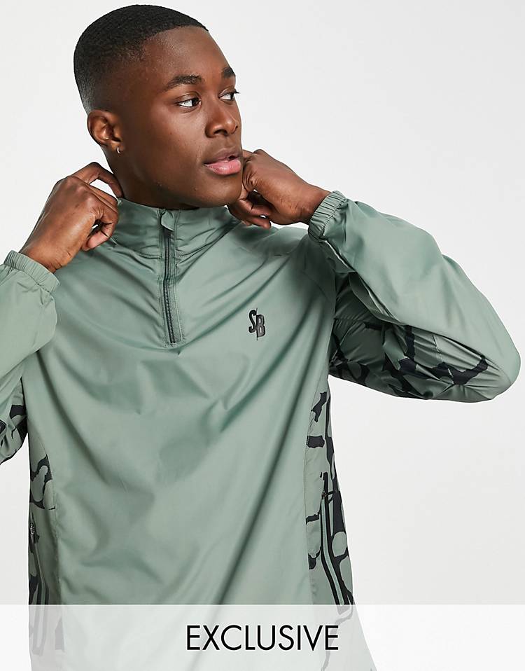South Beach half zip jacket with printed panel in khaki